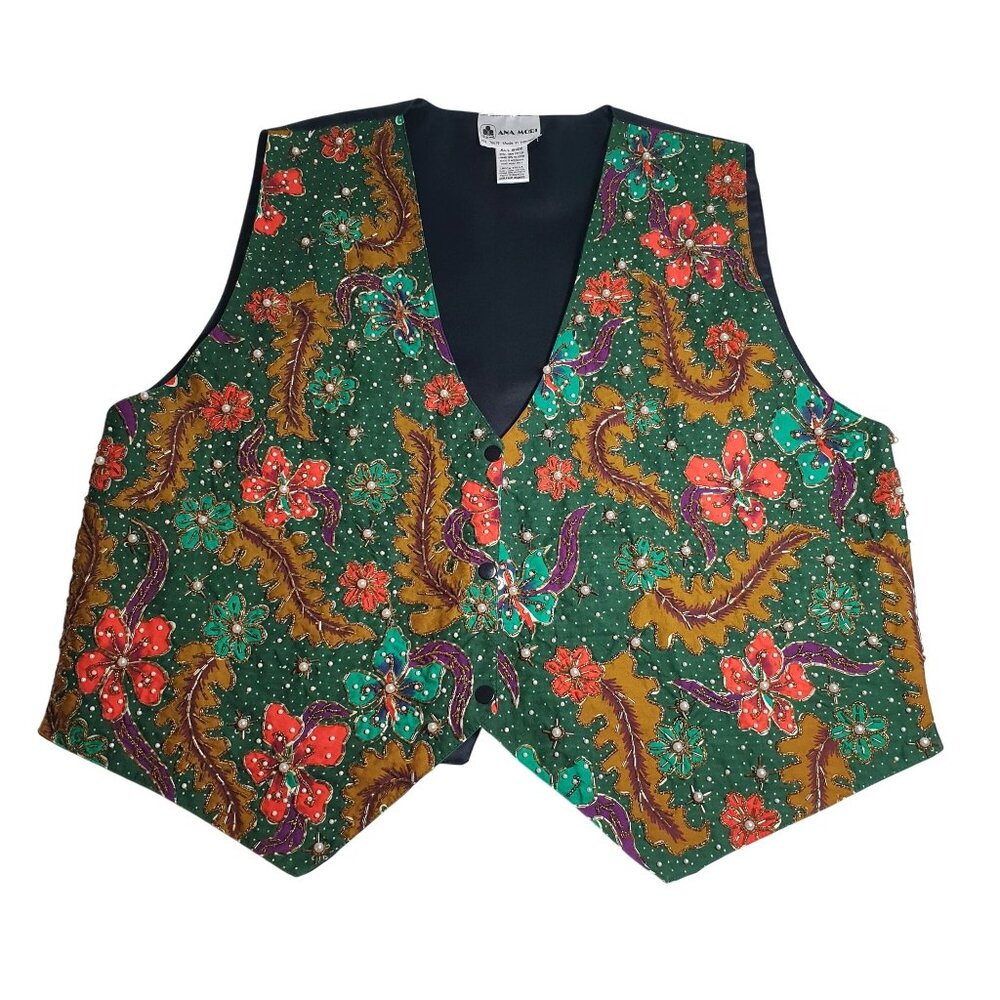 Ana Mori Floral Embellished Vest Beaded Adjustable Back Strap Holiday Christmas
